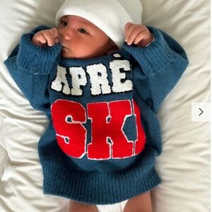 Spearmint Love Knit Sweater, Après Ski in Blue, Red, and White Applique Letters